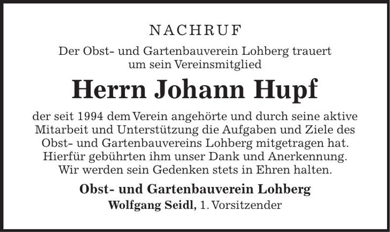 Traueranzeige Johann Hupf
