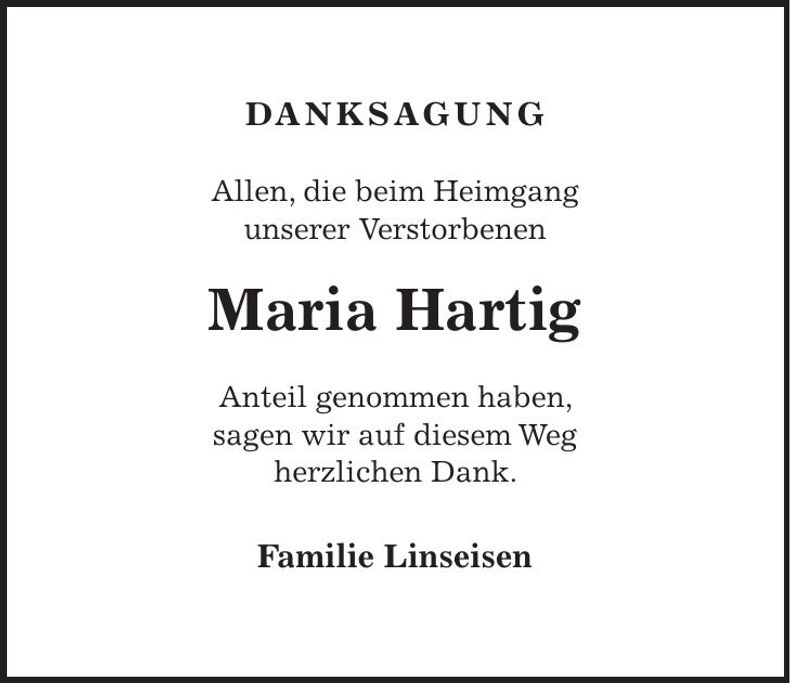 Traueranzeige Maria Hartig