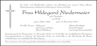Traueranzeige Hildegard Niedermaier
