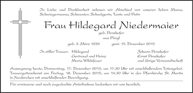 Traueranzeige Hildegard Niedermaier