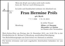 Traueranzeige Hermine Pröls