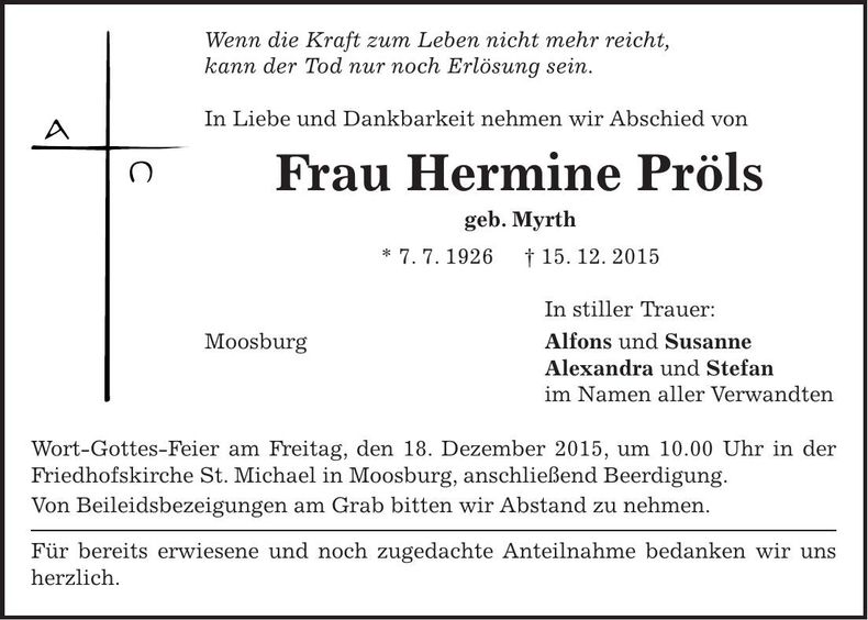 Traueranzeige Hermine Pröls