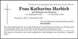 Traueranzeige Katharina Harbich