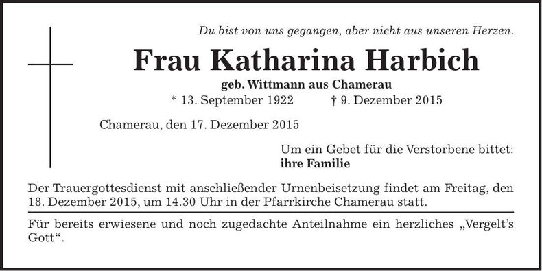 Traueranzeige Katharina Harbich