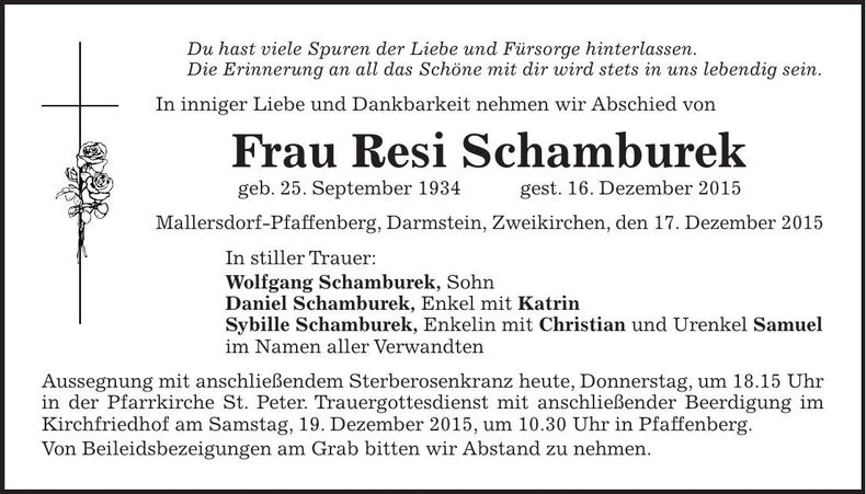 Traueranzeige Resi Schamburek