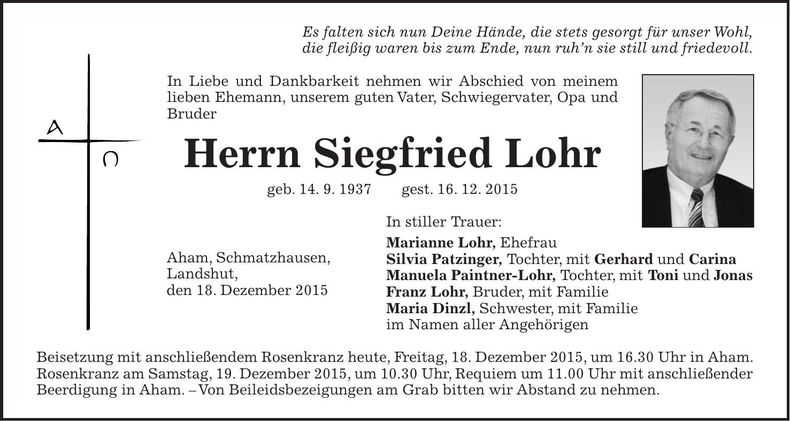 Traueranzeige Siegfried Lohr