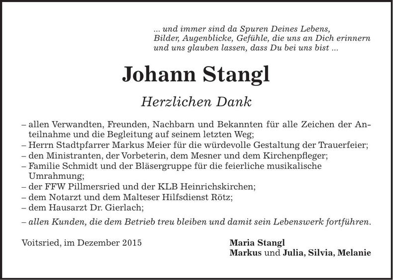 Traueranzeige Johann Stangl
