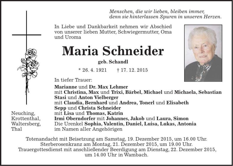 Traueranzeige Maria Schneider