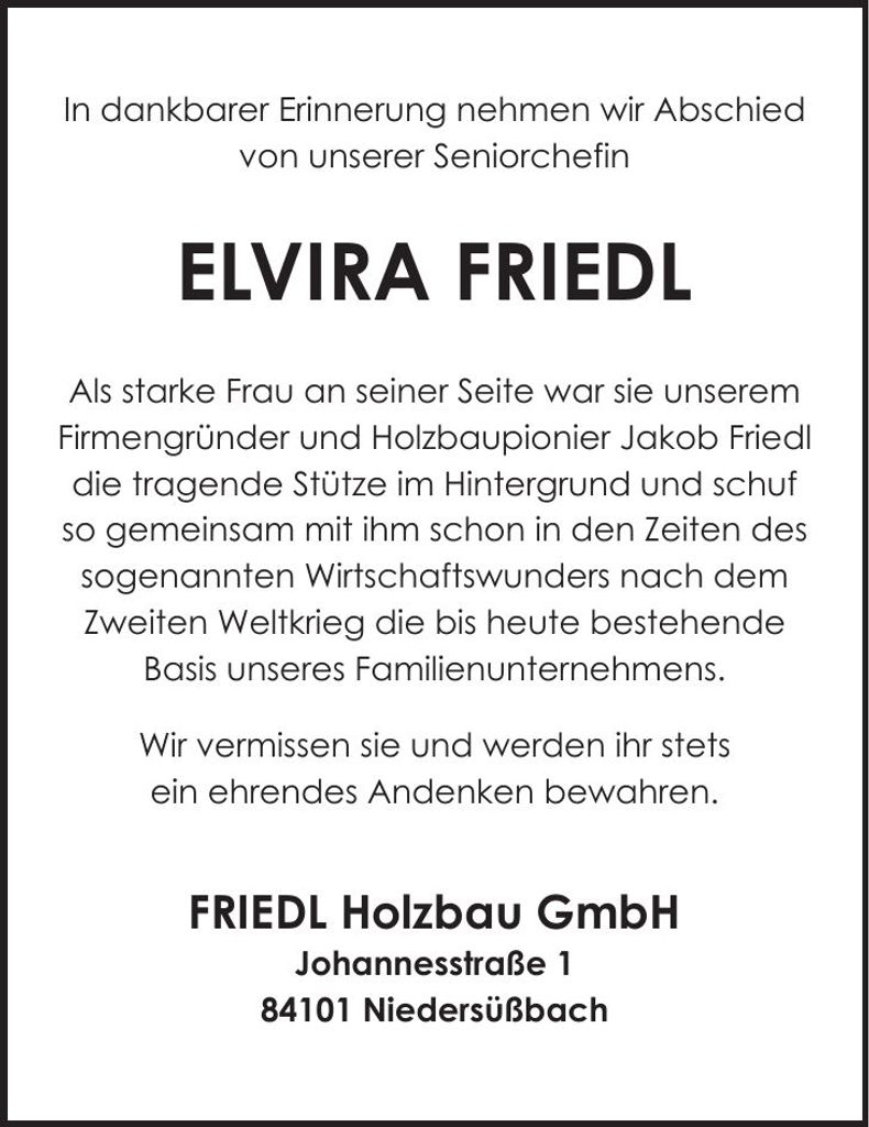Traueranzeige Elvira Friedl