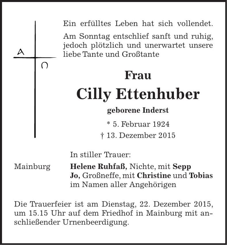 Traueranzeige Cilly Ettenhuber