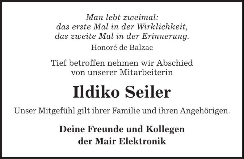 Traueranzeige Ildiko Seiler