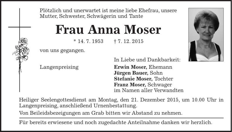 Traueranzeige Anna Moser