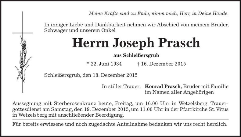 Traueranzeige Joseph Prasch