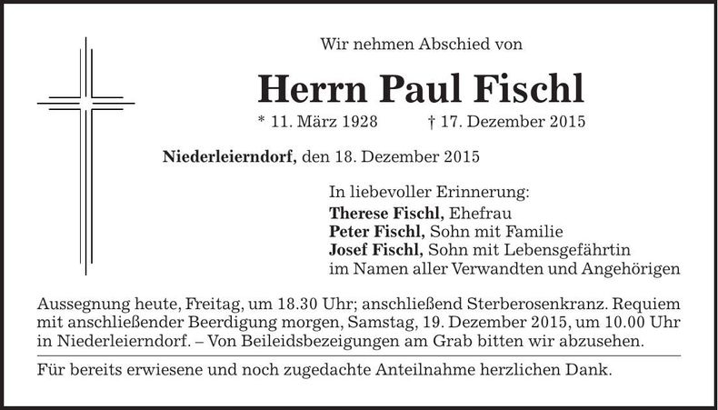Traueranzeige Paul Fischl