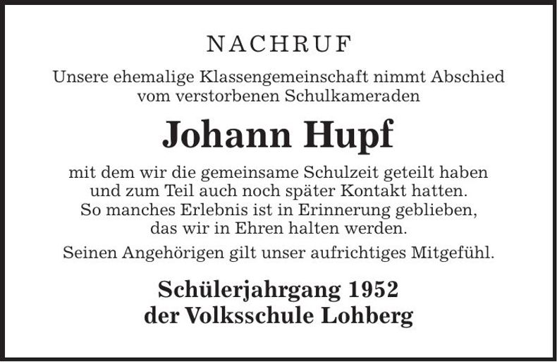 Traueranzeige Johann Hupf