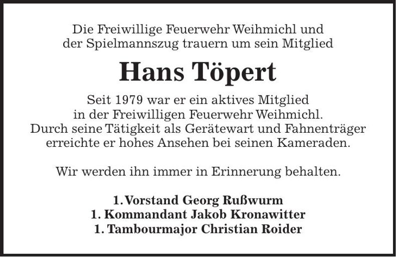 Traueranzeige Hans Töpert