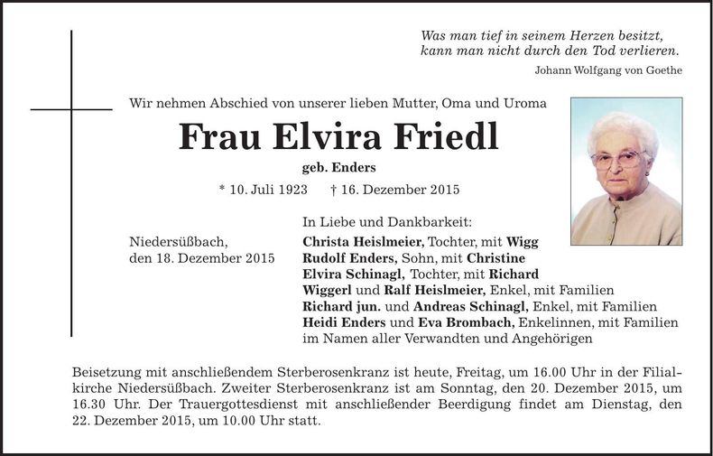 Traueranzeige Elvira Friedl