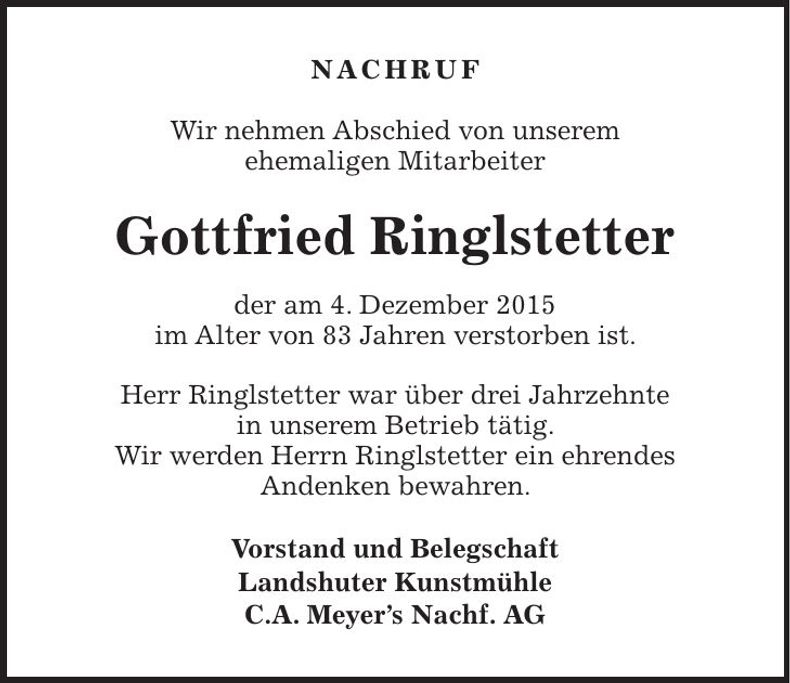 Traueranzeige Gottfried Ringlstetter