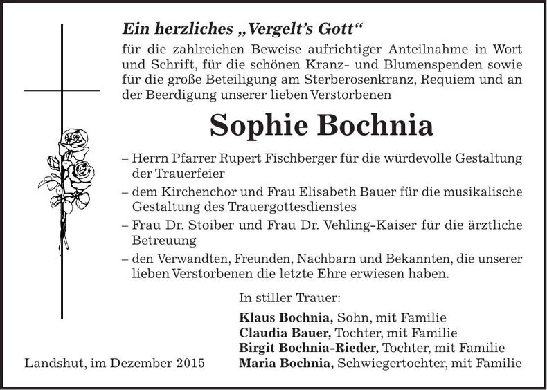 Traueranzeige Sophie Bochnia