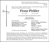 Traueranzeige Franz Pichler