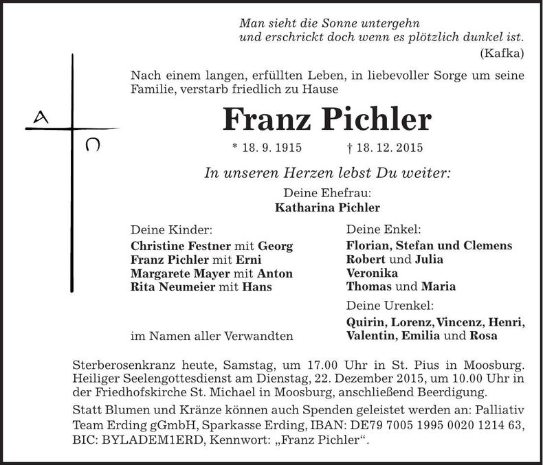 Traueranzeige Franz Pichler
