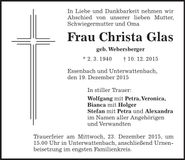 Traueranzeige Christa Glas
