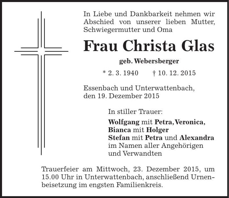 Traueranzeige Christa Glas