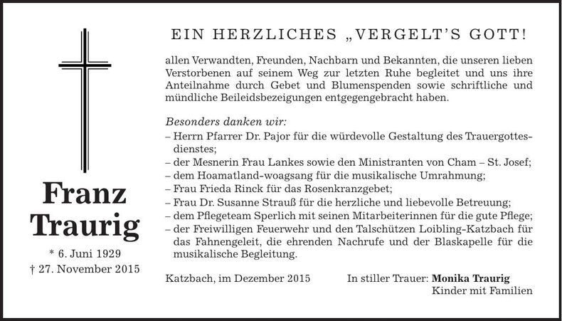 Traueranzeige Franz Traurig