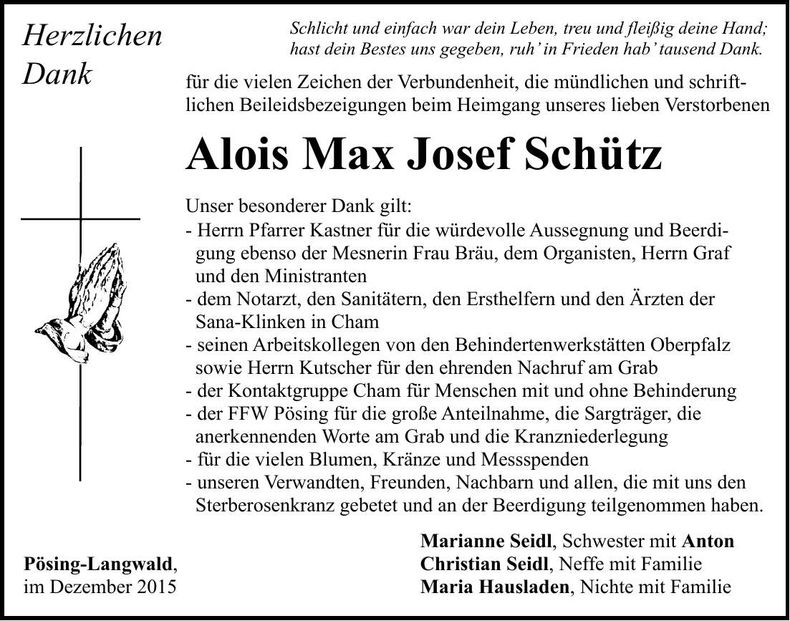 Traueranzeige Alois Max Josef Schütz