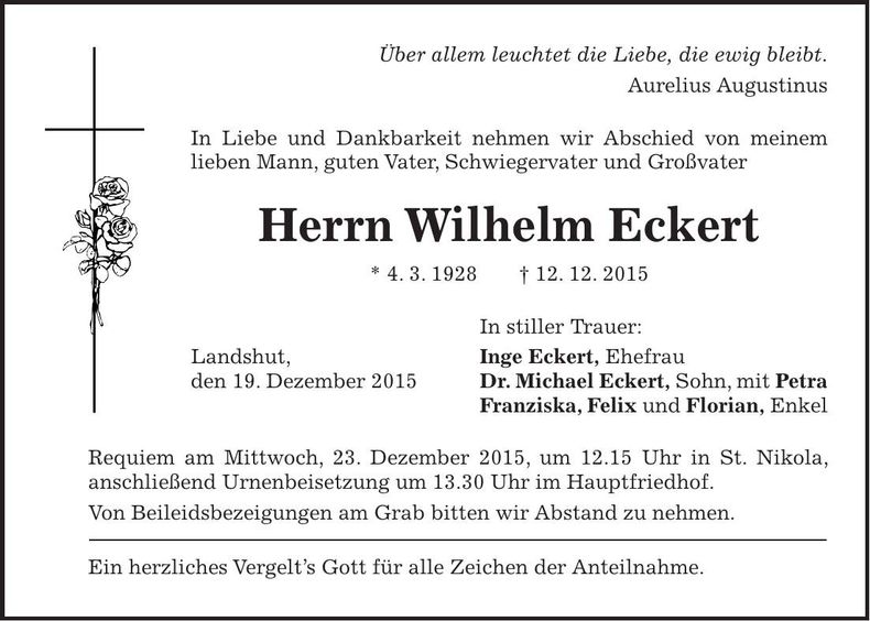 Traueranzeige Wilhelm Eckert