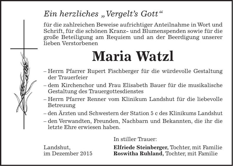 Traueranzeige Maria Watzl