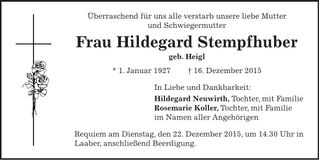 Traueranzeige Hildegard Stempfhuber