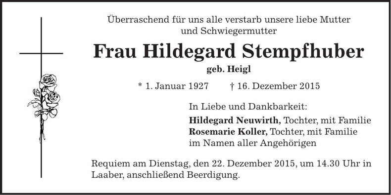 Traueranzeige Hildegard Stempfhuber