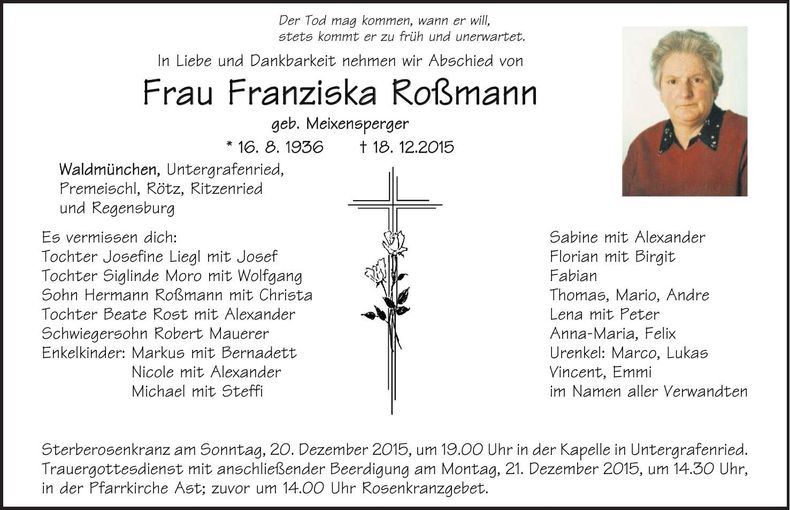 Traueranzeige Franziska Roßmann