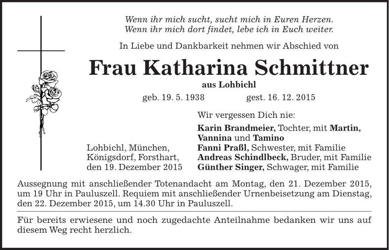 Traueranzeige Katharina Schmittner