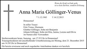 Traueranzeige Anna Maria Göllinger Venus