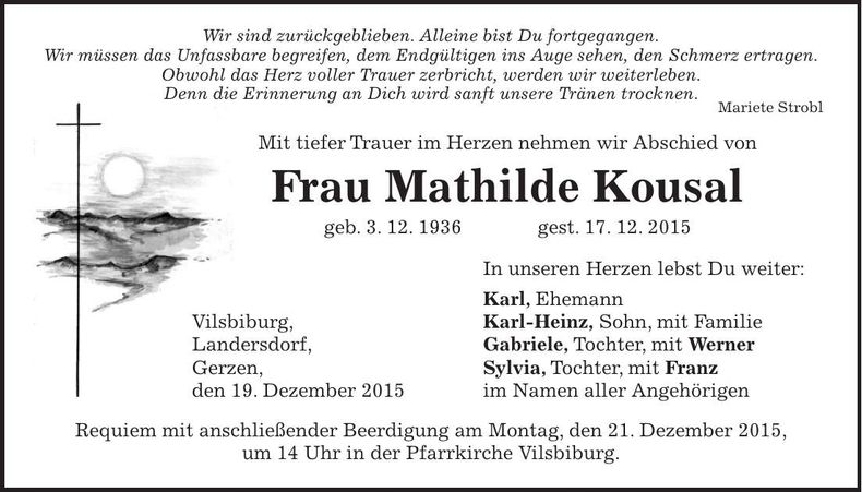 Traueranzeige Mathilde Kousal