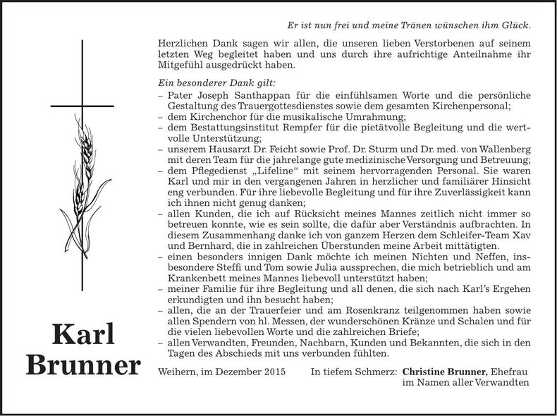 Traueranzeige Karl Brunner