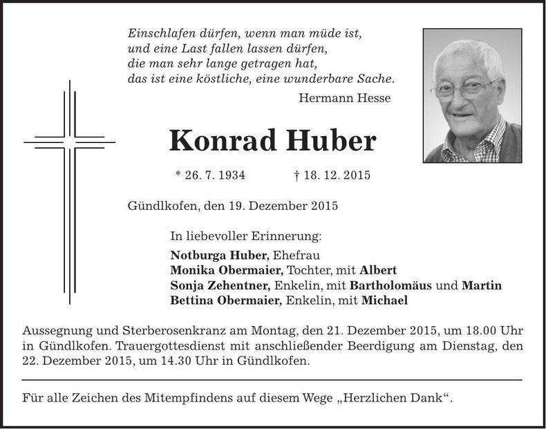 Traueranzeige Konrad Huber