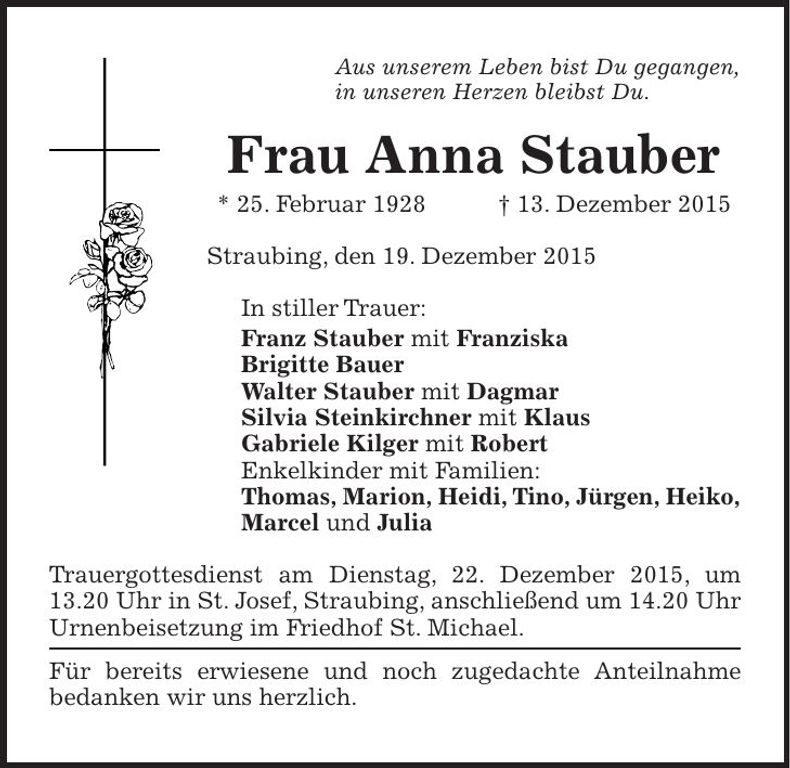 Traueranzeige Anna Stauber