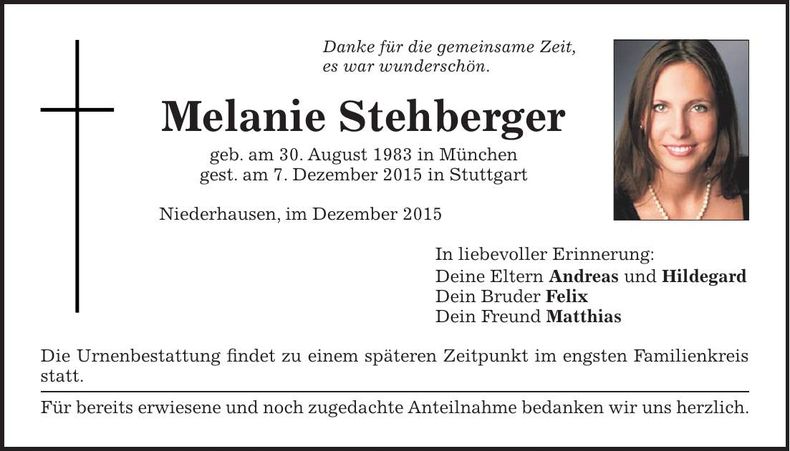 Traueranzeige Melanie Stehberger