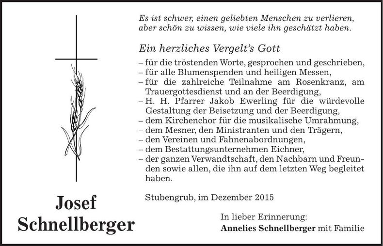 Traueranzeige Josef Schnellberger