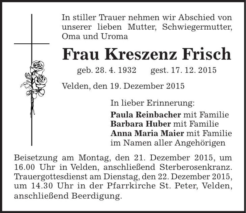 Traueranzeige Kreszenz Frisch