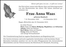 Traueranzeige Anna Waas