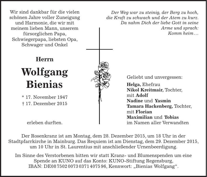 Traueranzeige Wolfgang Bienias