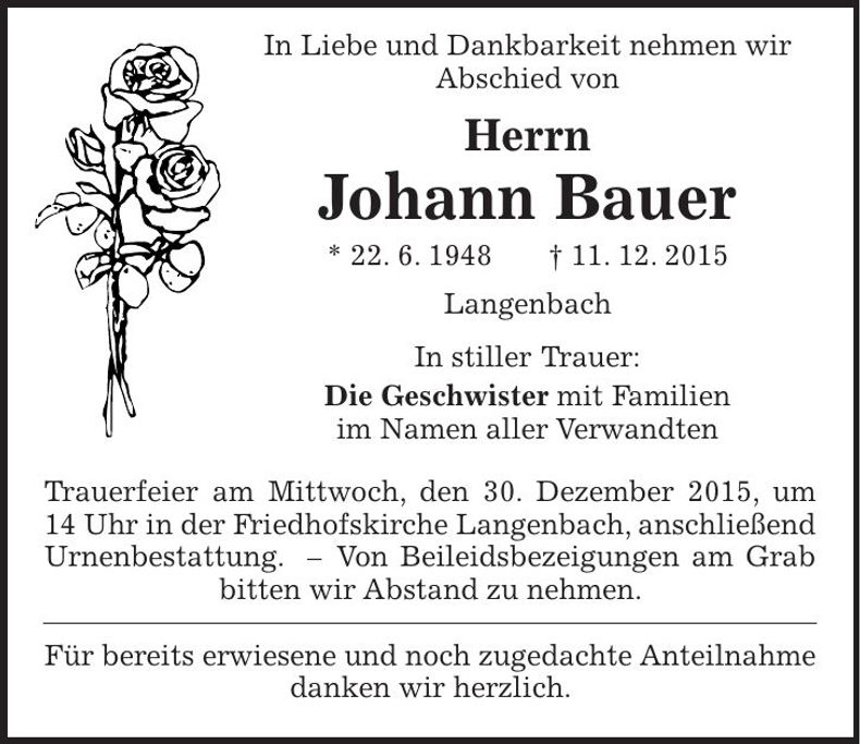 Traueranzeige Johann Bauer