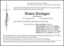 Traueranzeige Zenta Zwinger