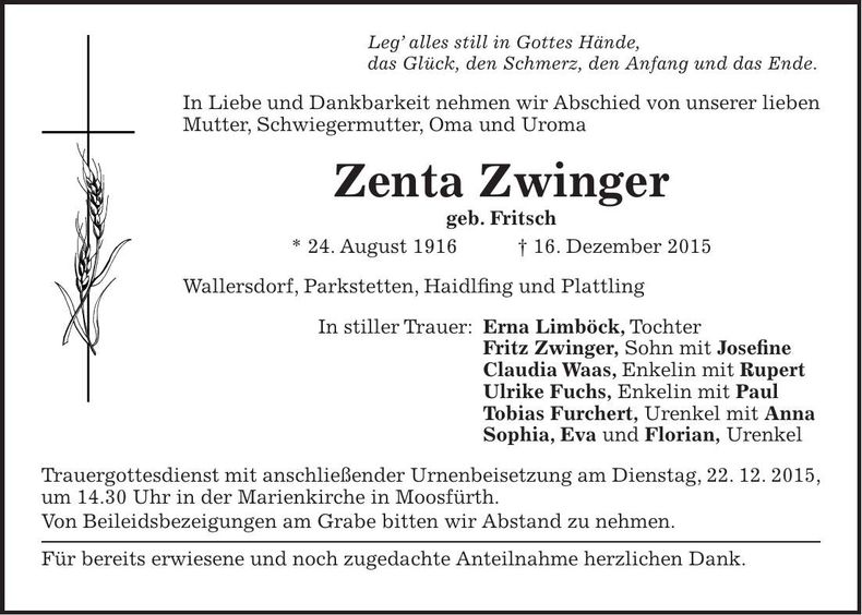 Traueranzeige Zenta Zwinger