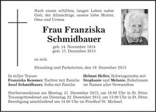 Traueranzeige Franziska Schmidbauer