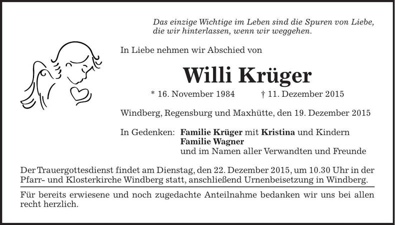 Traueranzeige Willi Krüger